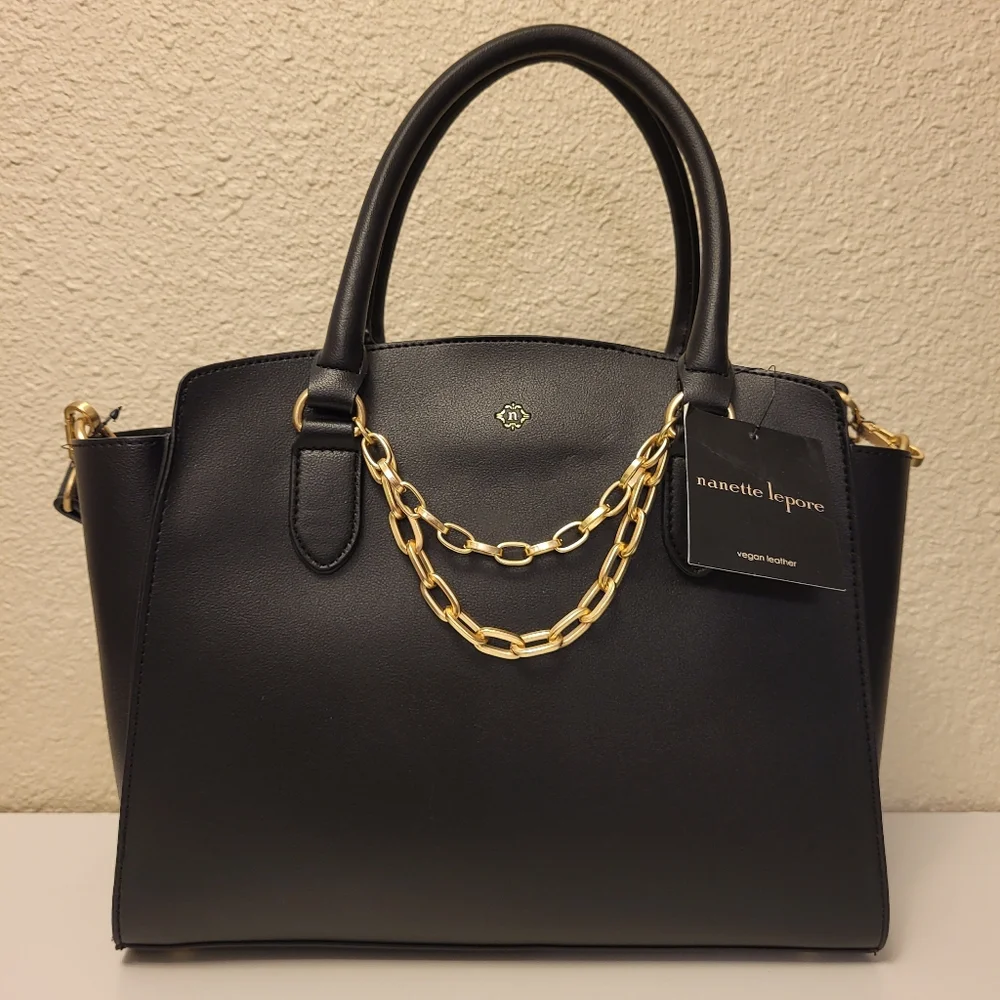 NWT Nanette Lepore Black & Gold Harlow Satchel With Chain